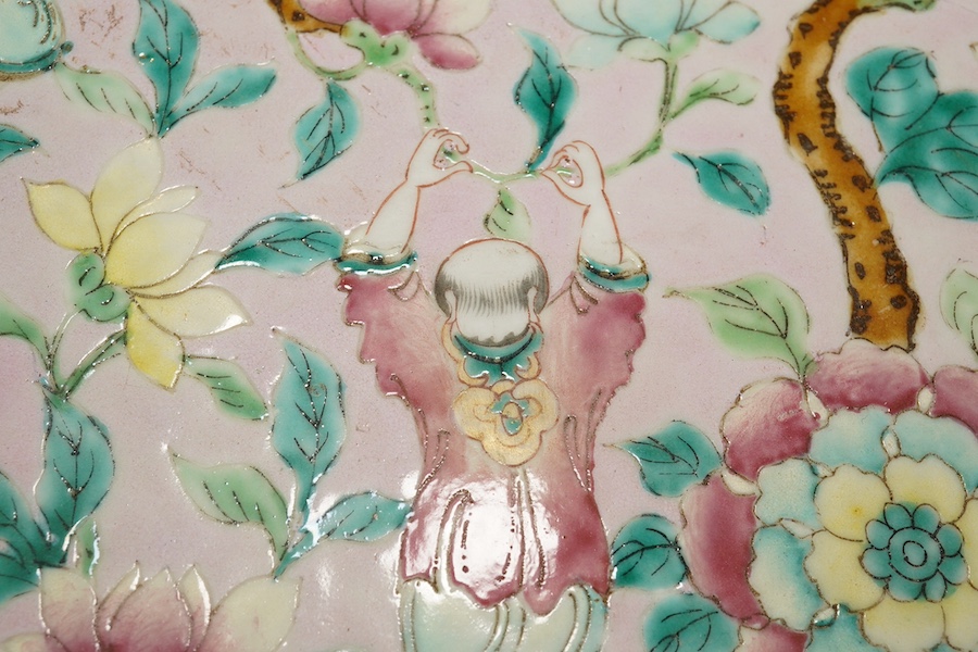 A Chinese enamelled porcelain pink ground ‘boys’ dish, mid 19th century